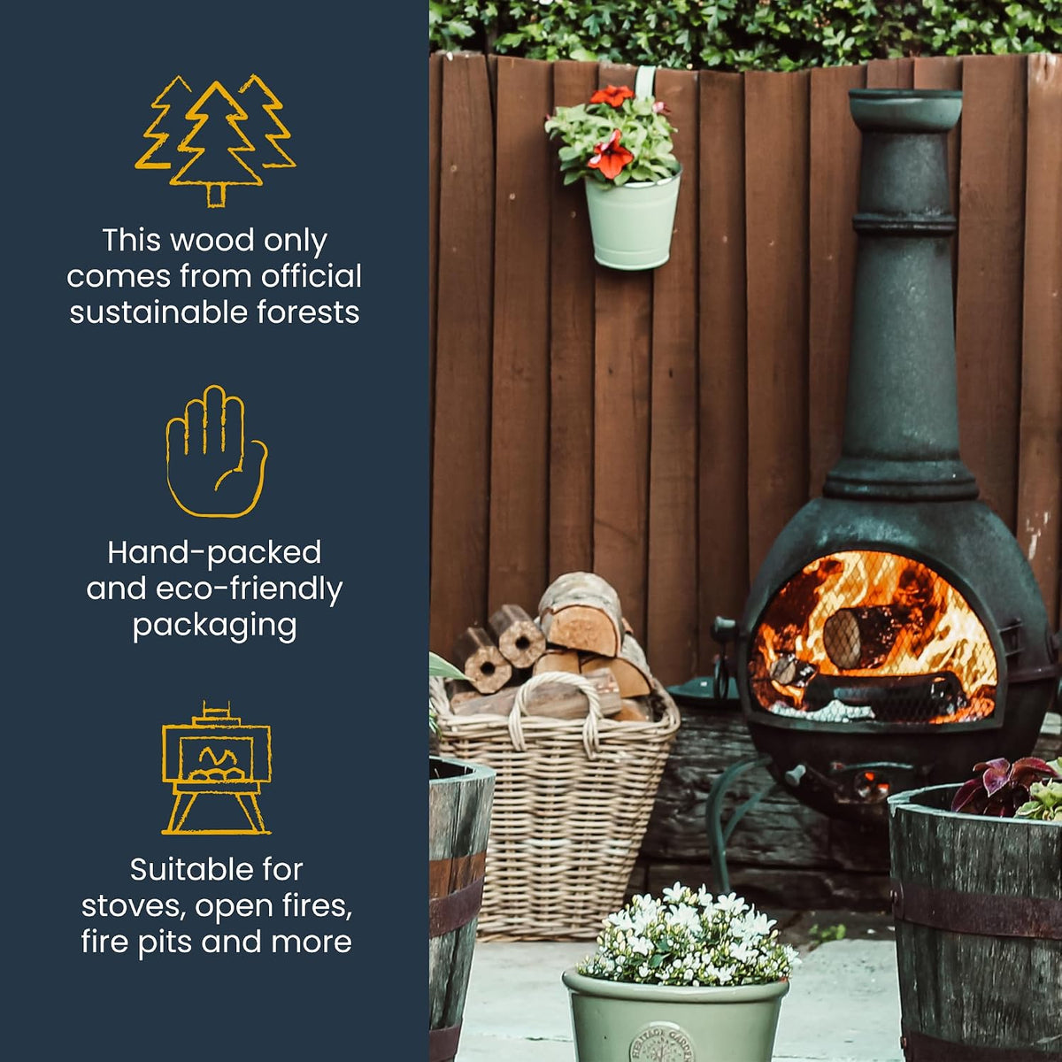 Kiln-Dried Birch Firewood Logs – 50L Hessian Sack – firewood beside an outdoor chiminea