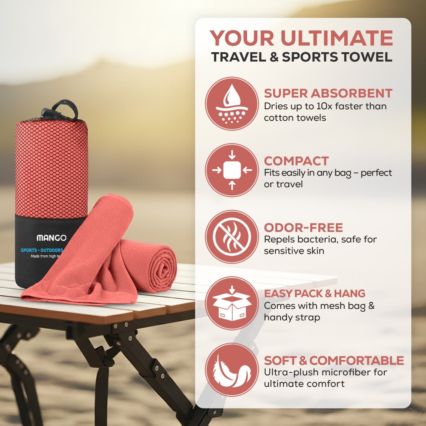 Compact coral travel towel for van life, camping & sports — super absorbent, odor-free, soft microfiber with mesh bag