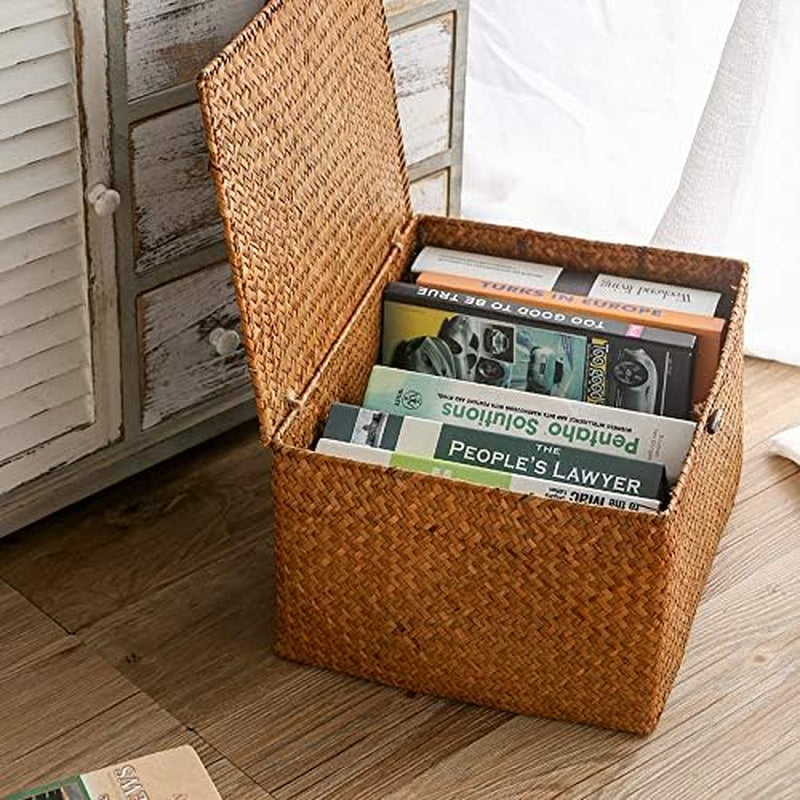 Seagrass Storage Baskets with Lids Natural Wicker Basket (Medium 30Cmx18Cmx15Cm H)
