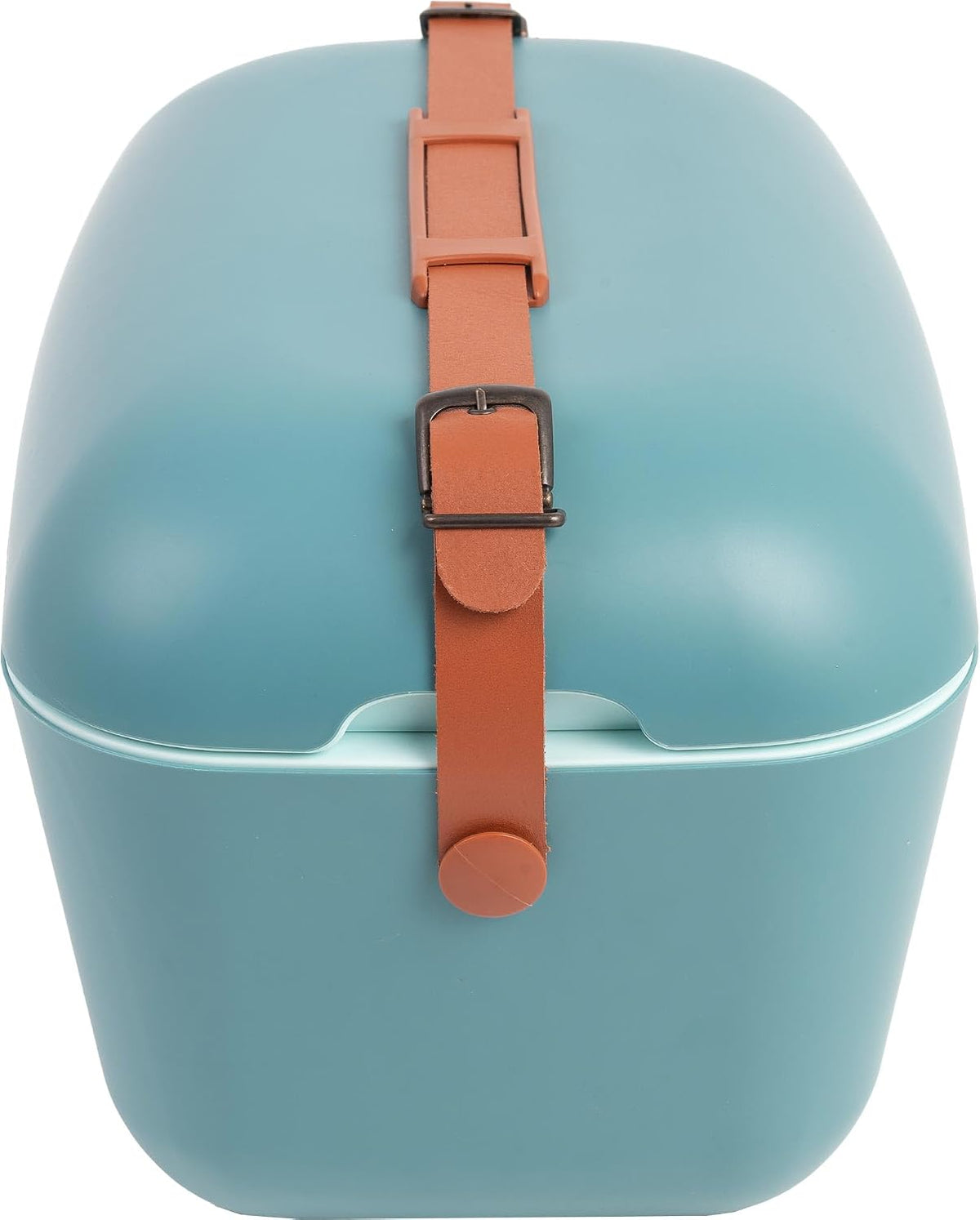 Teal rectangular container with a rounded lid held closed by a central brown strap and metal buckle.