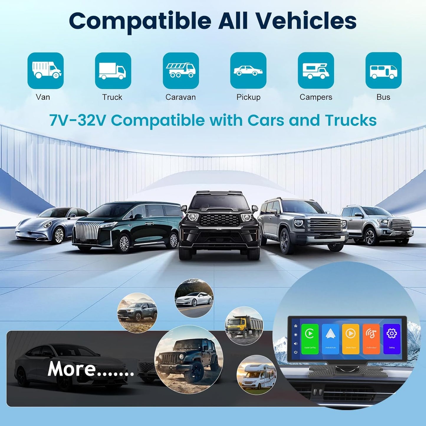 Universal car stereo compatible with vans, trucks, campers & SUVs, 7V-32V for van life adventures
