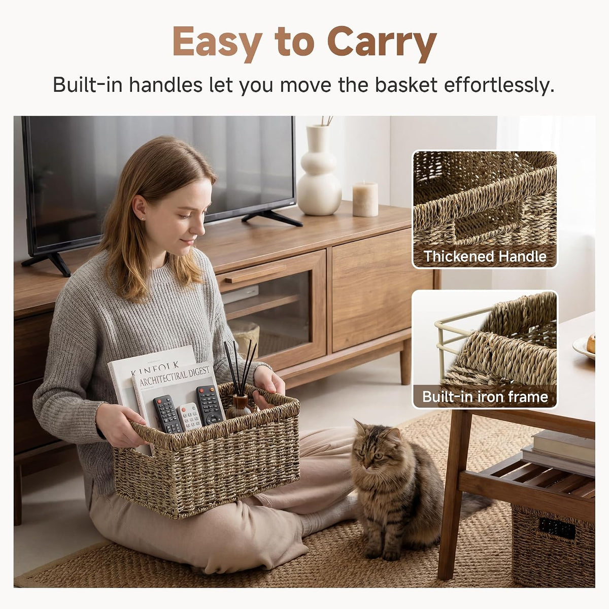 Rectangular Seagrass Shelf Baskets – Set of 2 – basket being carried