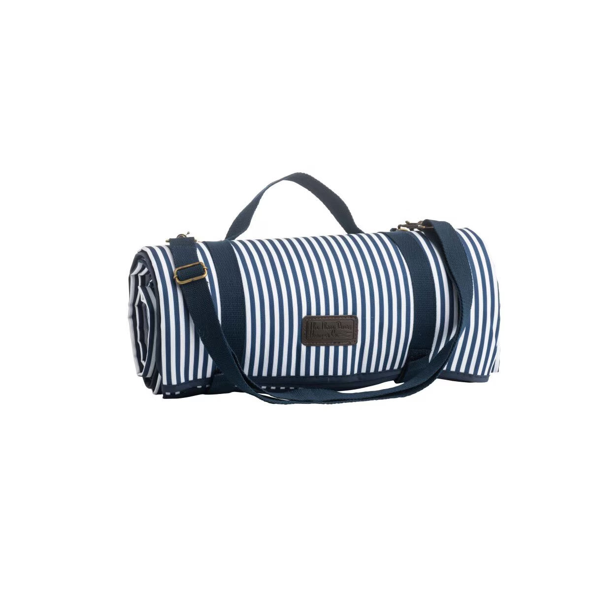 Navy and white striped picnic blanket with carry strap, perfect for van life adventures and outdoor picnics.