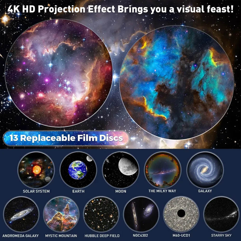 4K HD galaxy projector with 13 replaceable film discs for van life stargazing and cosmic ambiance