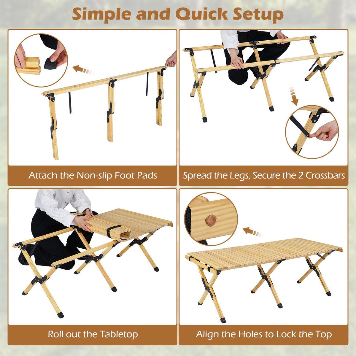 Pine Wood Roll-Up Camping Table with Carry Bag – roll-up tabletop assembly illustration