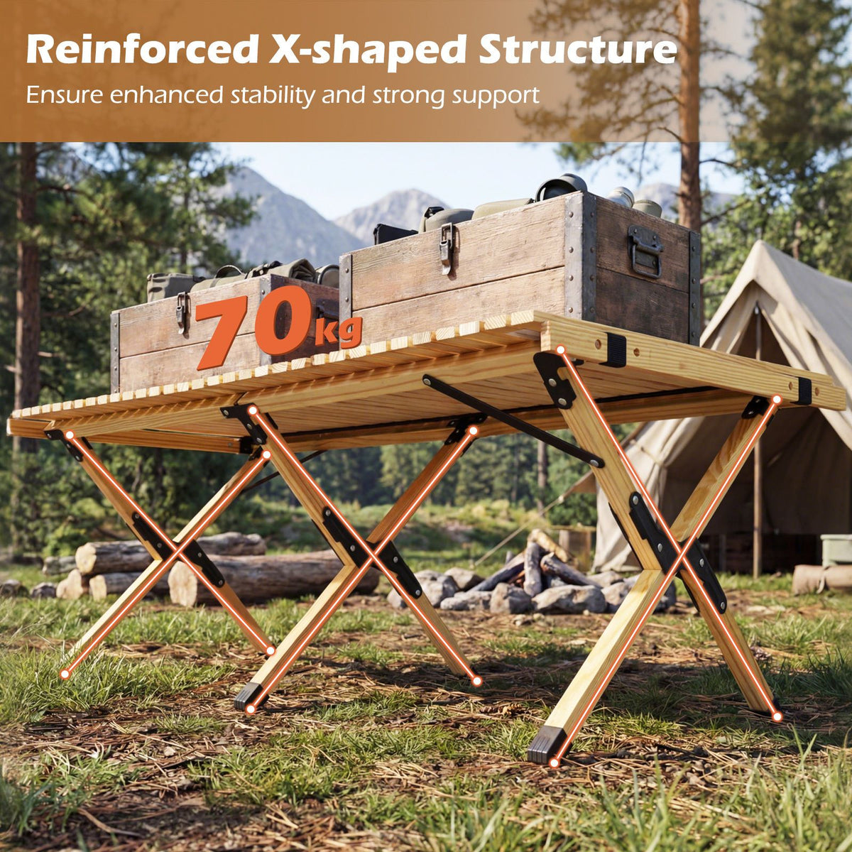 Pine Wood Roll-Up Camping Table with Carry Bag – folding frame structure