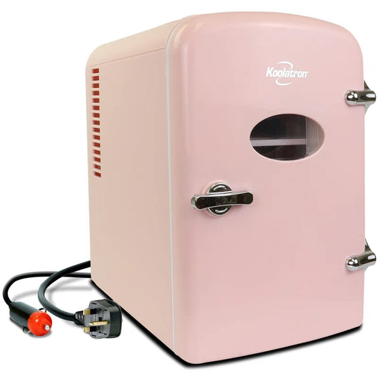 Pink Koolatron mini fridge with car and UK plug, perfect for van life and road trips
