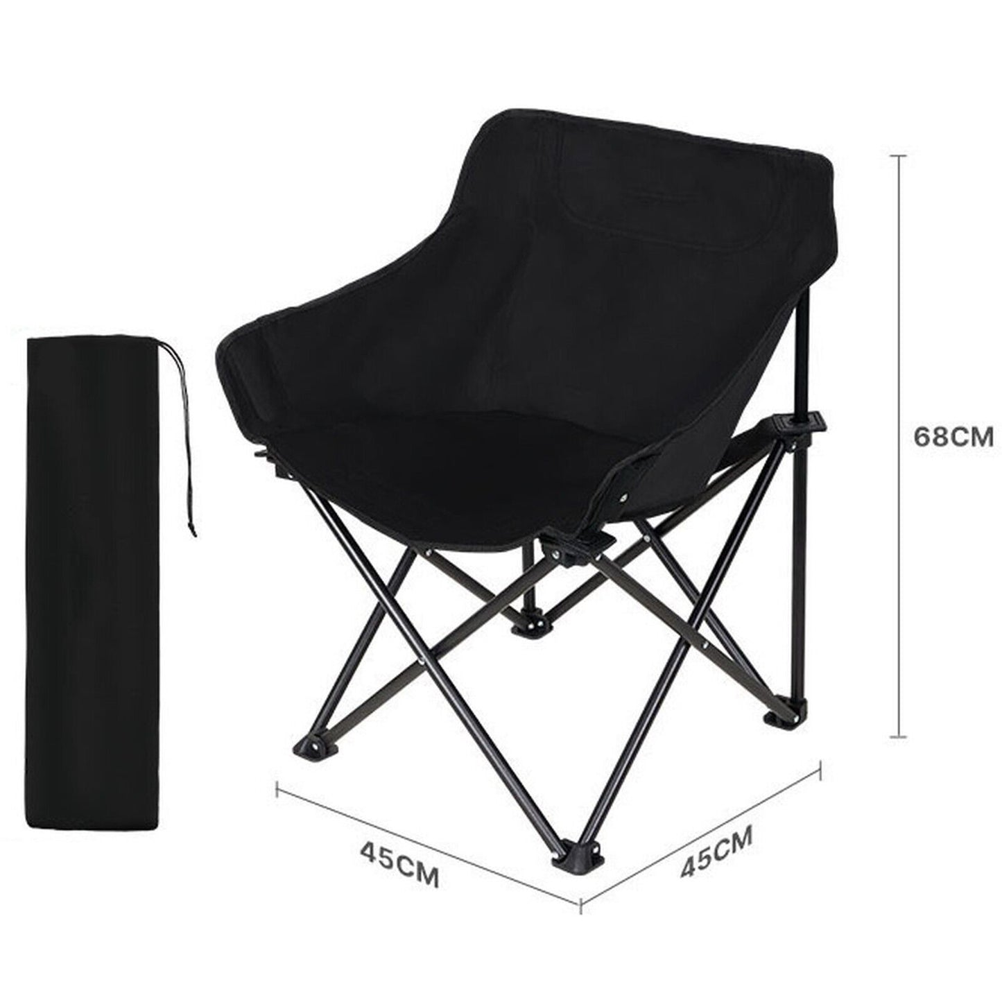 Black portable folding camping chair with carry bag, ideal for van life and outdoor adventures