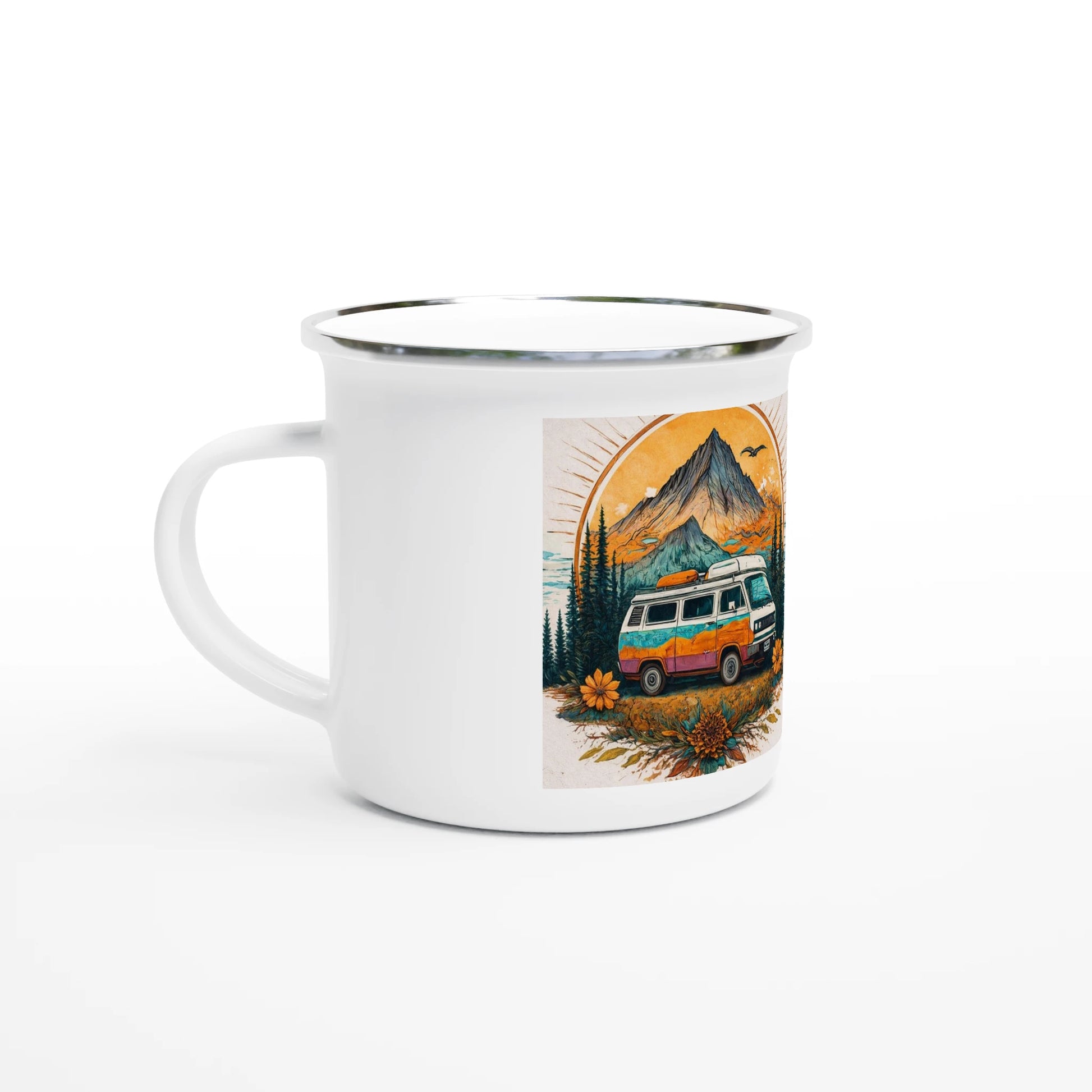 Van life enamel mug with camper van, mountains, and sunset design for outdoor adventures