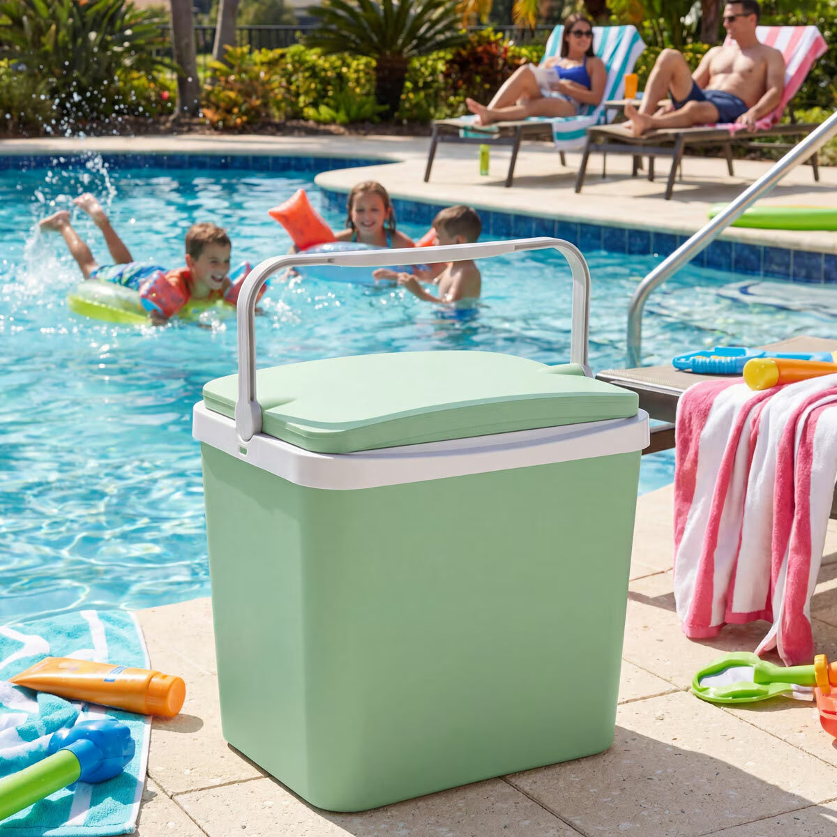 Mint green portable cooler by poolside for family summer fun, outdoor adventures, and van life essentials