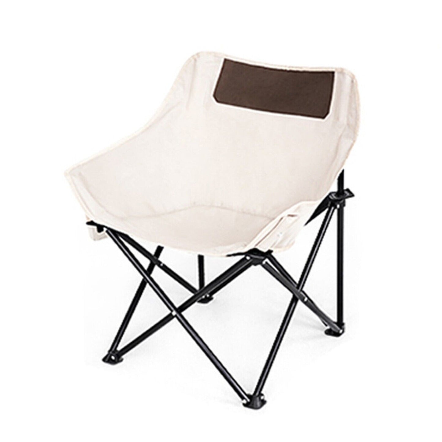 Portable folding camp chair with beige fabric and black frame, ideal for van life and outdoor adventures