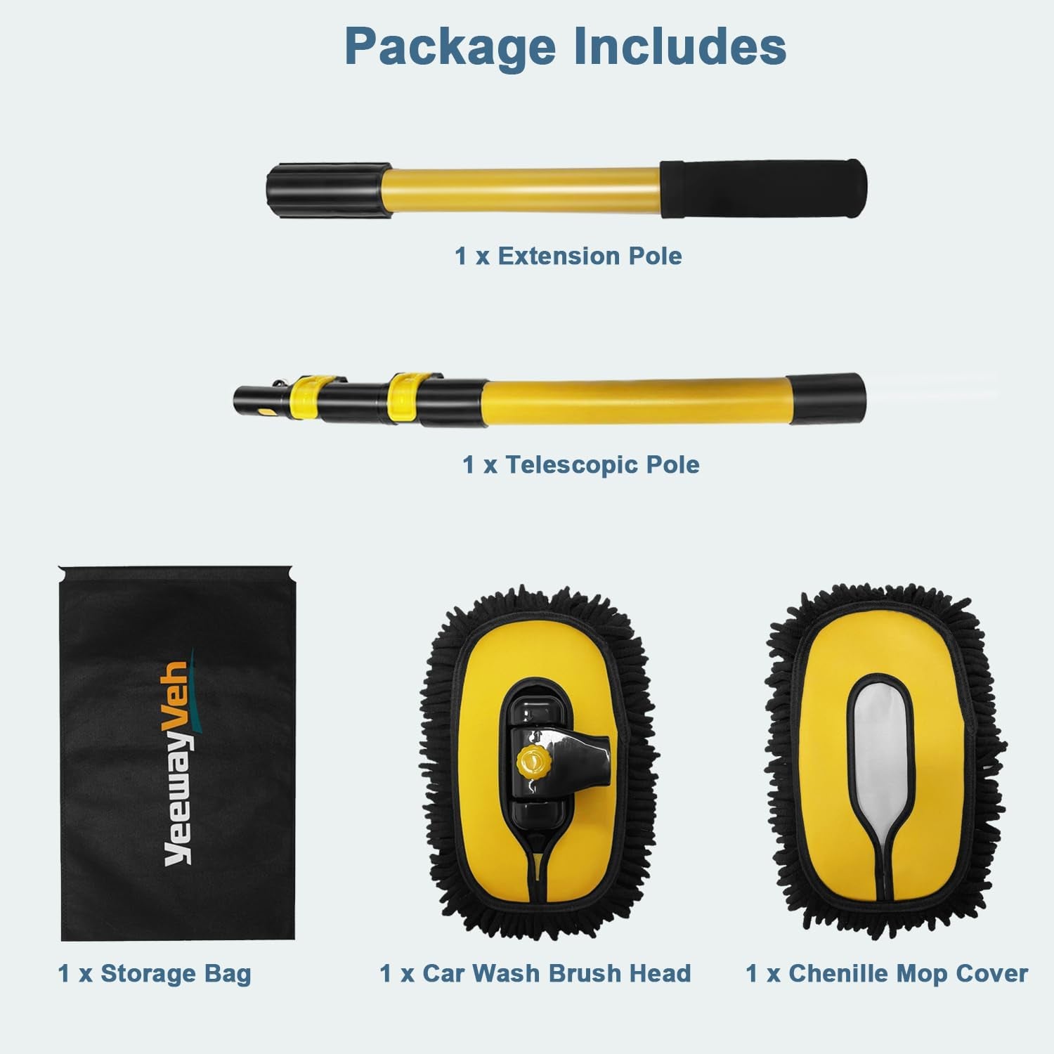 Van life car wash kit with telescopic pole, chenille mop, brush head & storage bag for camper van cleaning