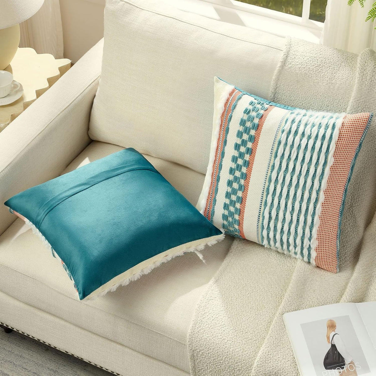 Teal Tufted Cushion Covers – Pair, 45 × 45cm – front and reverse of cushions on a chair