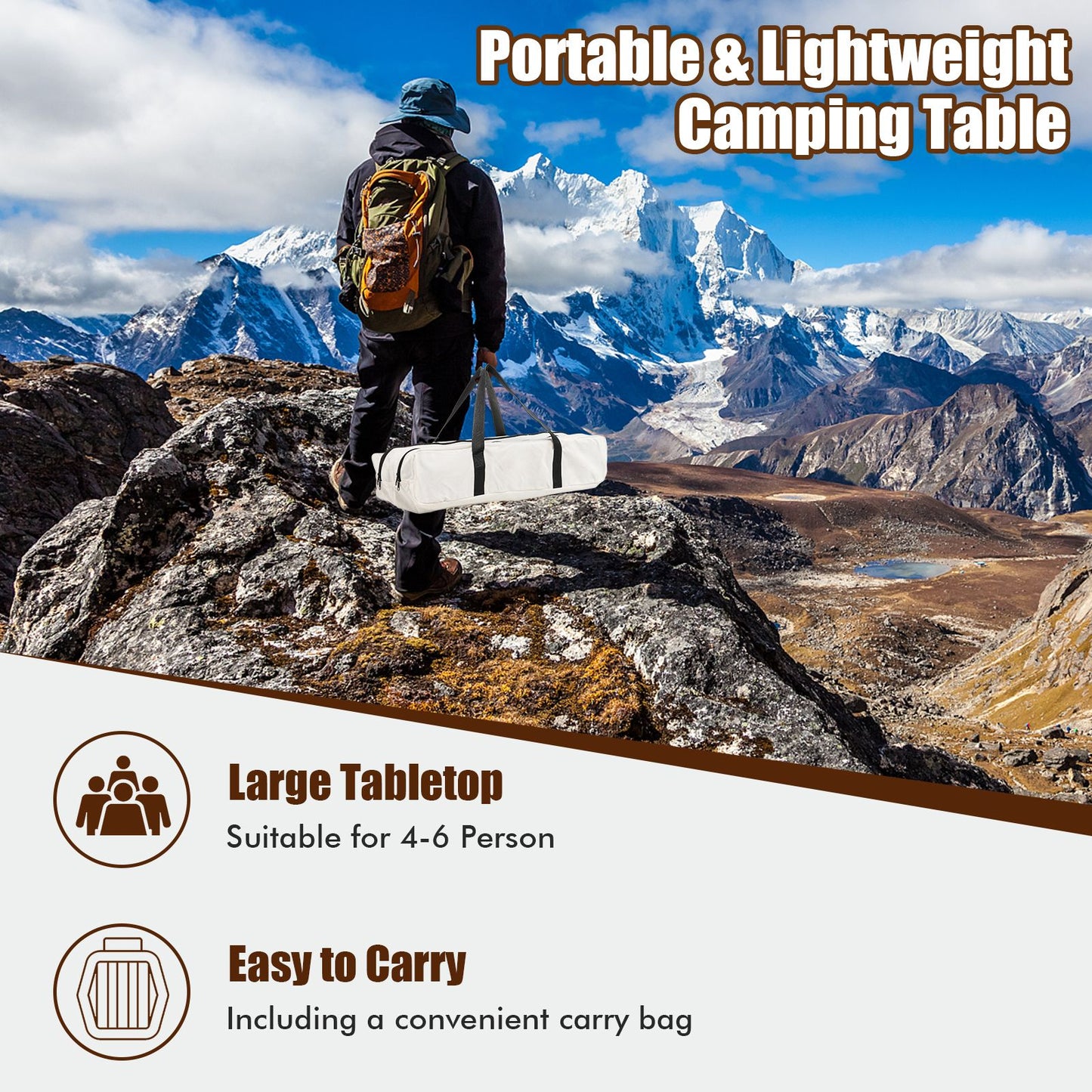 Portable lightweight camping table in carry bag, ideal for van life & outdoor adventures with 4-6 person tabletop