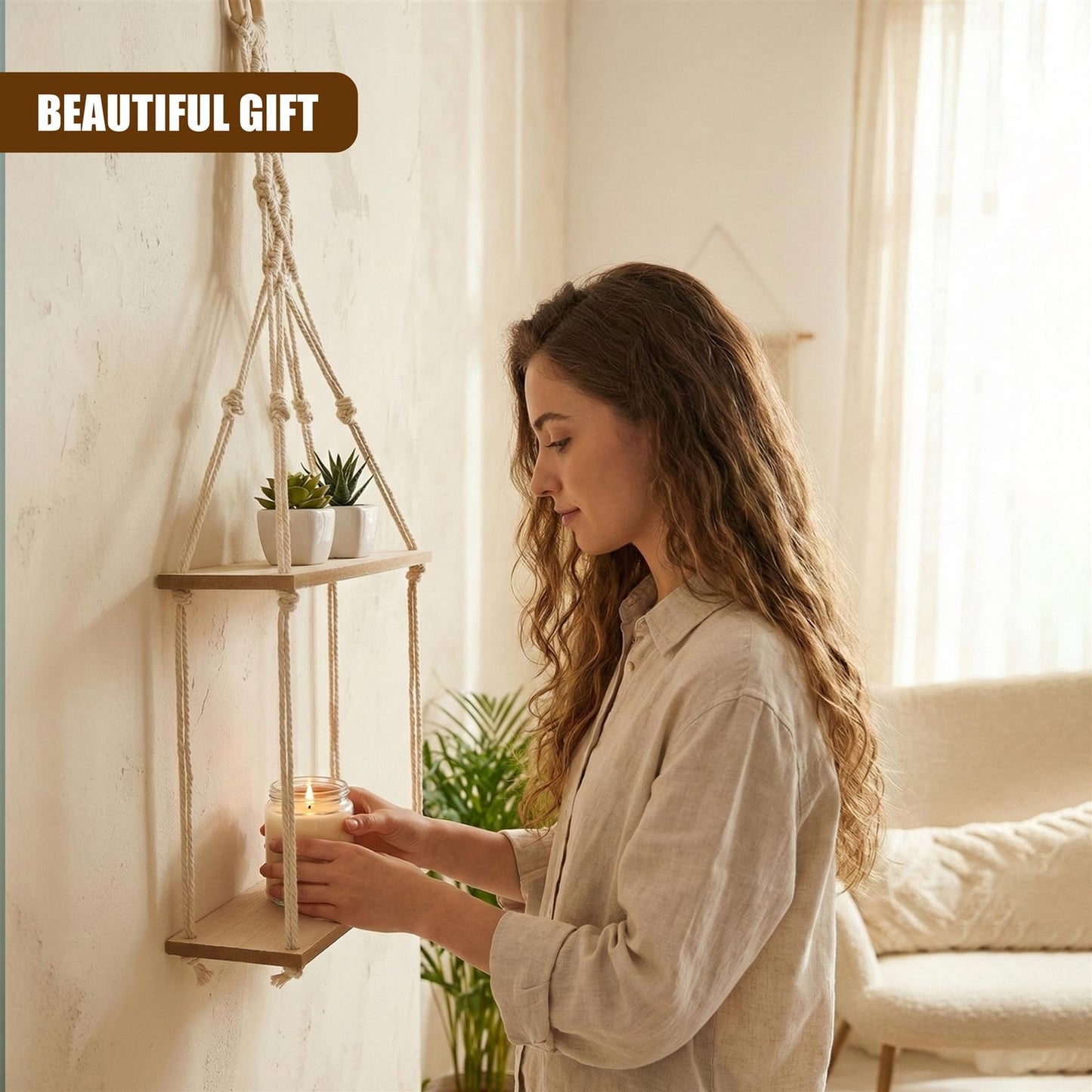 2 Tier Rope Hanging Shelf Wooden Boho Bedroom Decor Plant Display Storage Rack