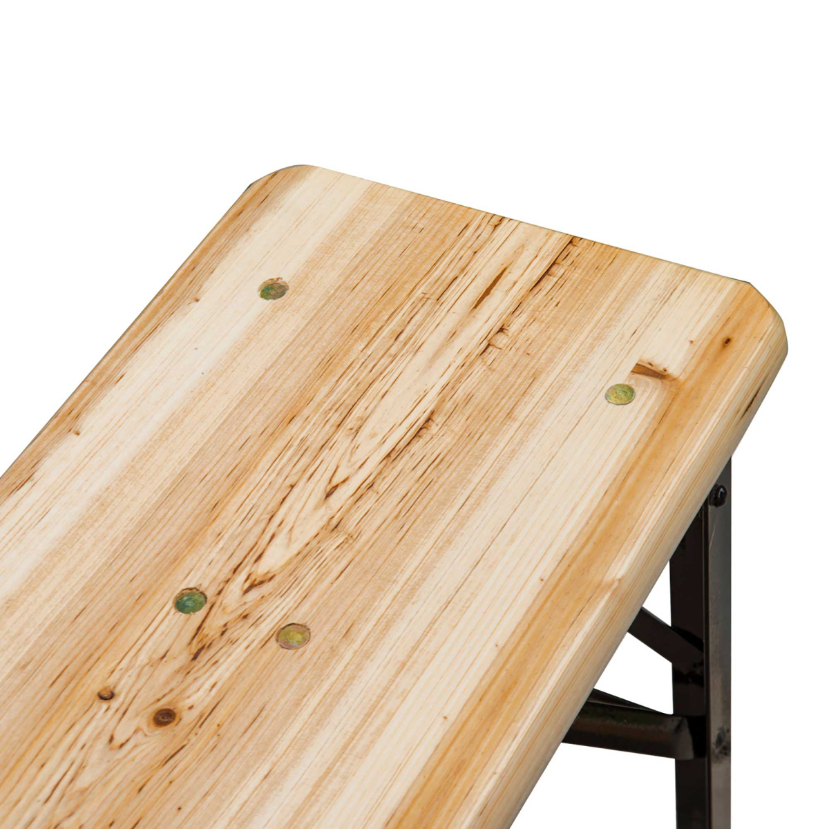 Solid pine wood folding bench for van life, camping, or outdoor adventures with metal frame support