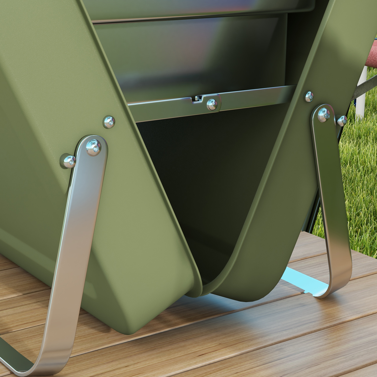 Olive green foldable outdoor chair with metal frame, perfect for van life and camping adventures
