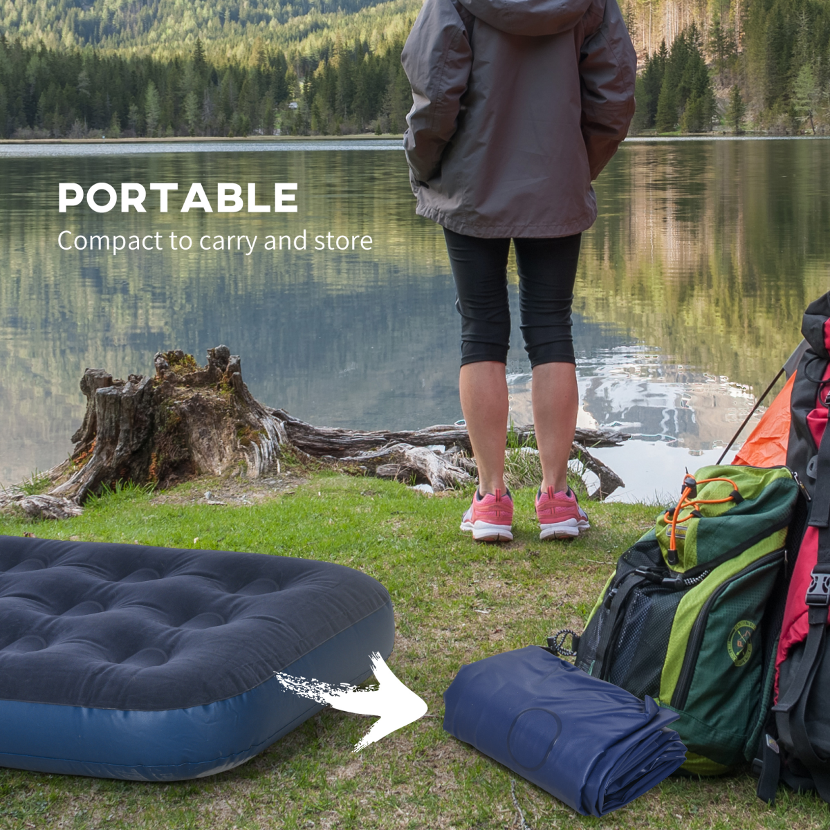 Portable inflatable camping mattress for van life and outdoor adventures, compact when packed