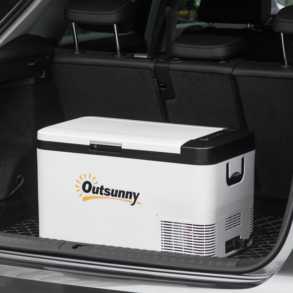 Outsunny 40L portable car fridge in van trunk, perfect for van life adventures and outdoor trips