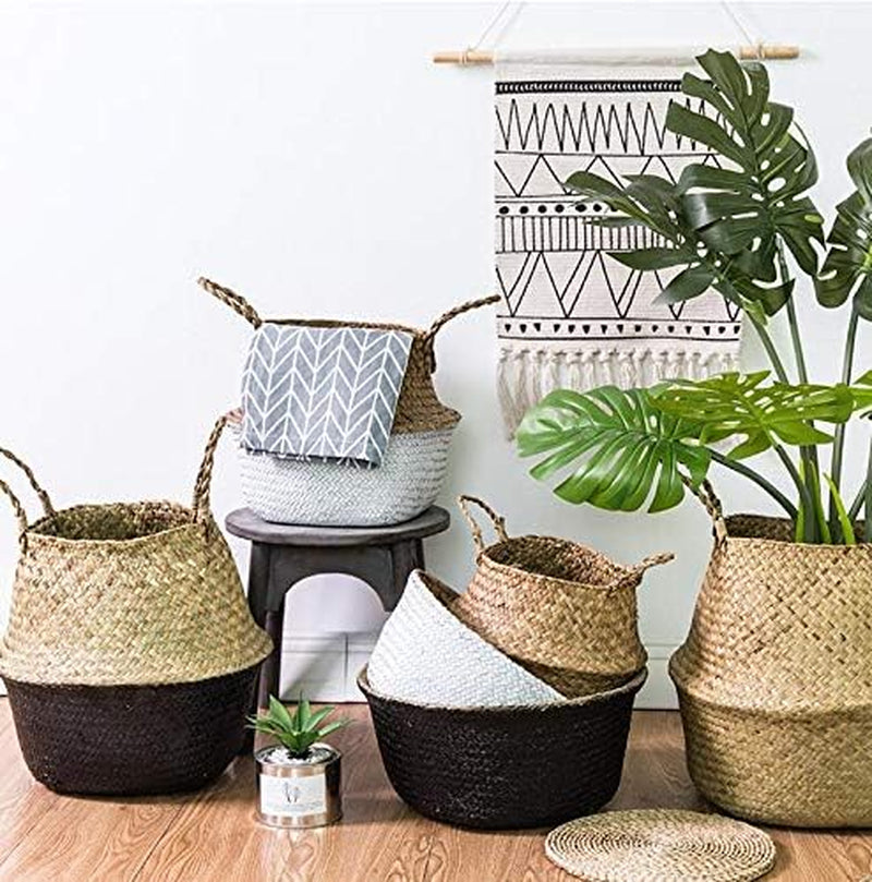 Seagrass Belly Basket Natural Woven Plant Pot Foldable with Handles for Storage Laundry Blankets Toys (Natural + Black)