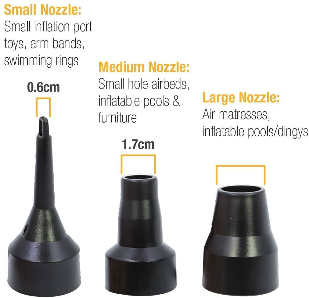 3 black air pump nozzles for inflatables: small, medium, large sizes for toys, airbeds, pools