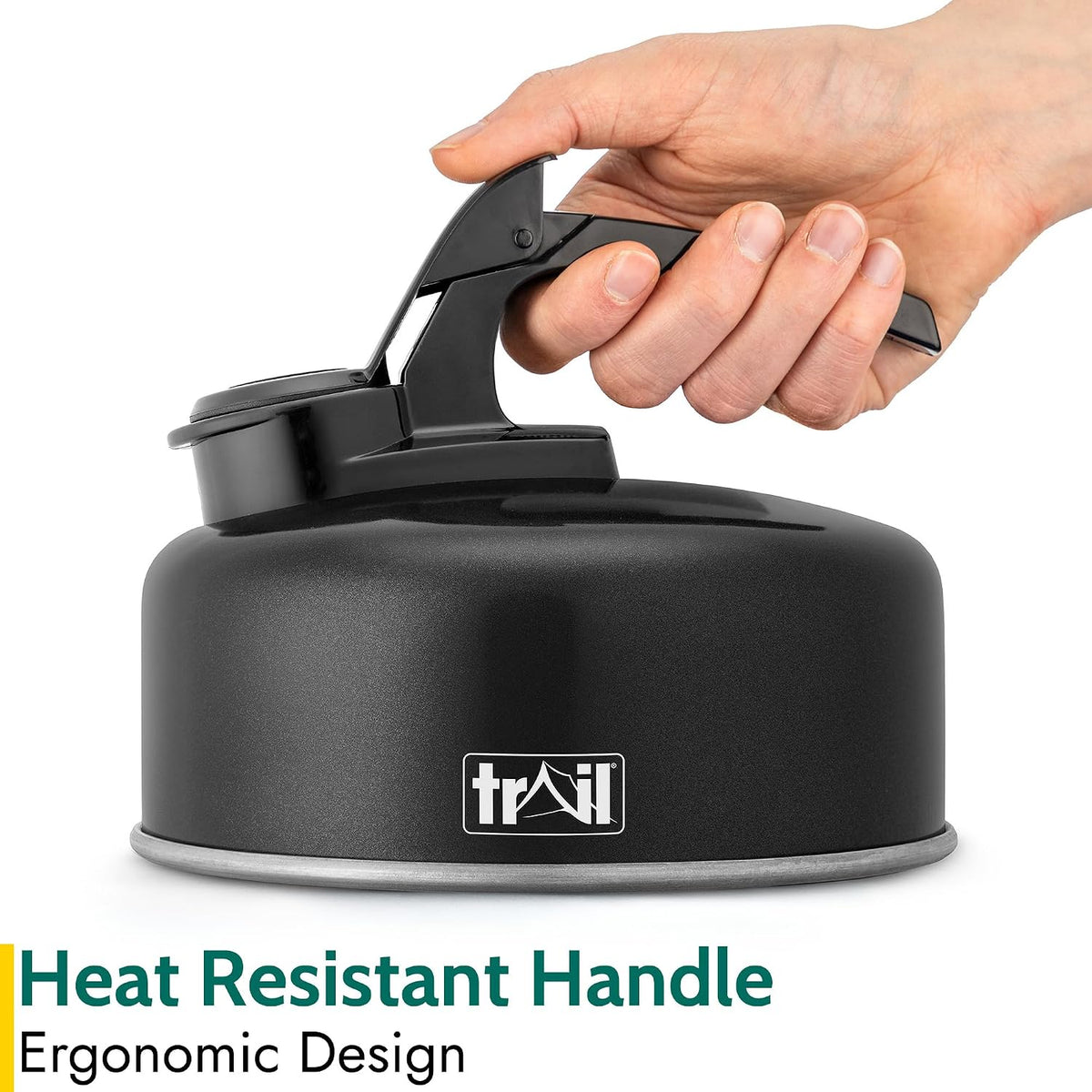 Trail 1L Whistling Camping Kettle – Black – handle held by hand