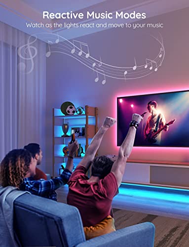 Reactive music lighting for TV, syncing colors to songs with friends cheering in cozy room