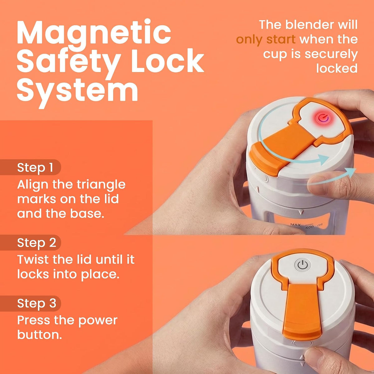 450ml USB-C Portable Blender – lid-lock alignment illustration
