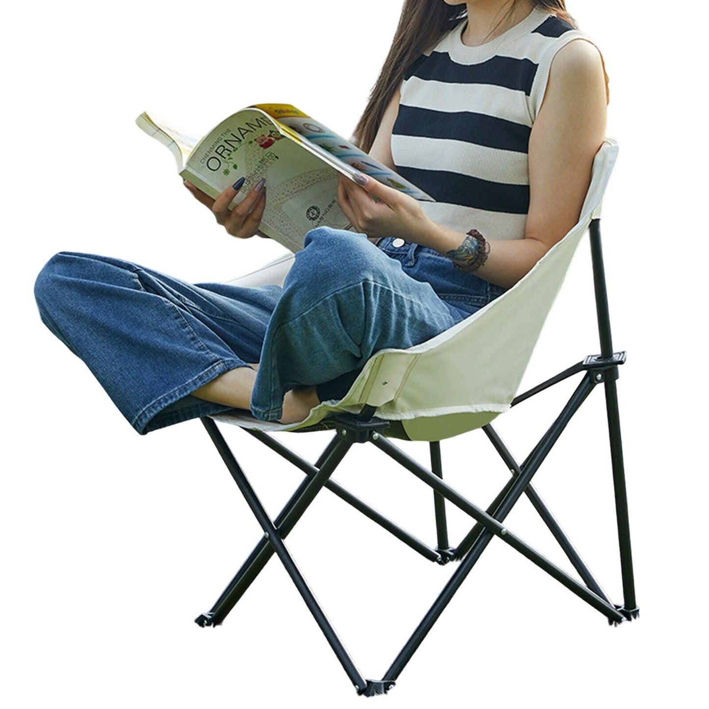 Portable folding camp chair for van life, outdoor adventures, and festivals — lightweight, compact, perfect for reading or relaxing.