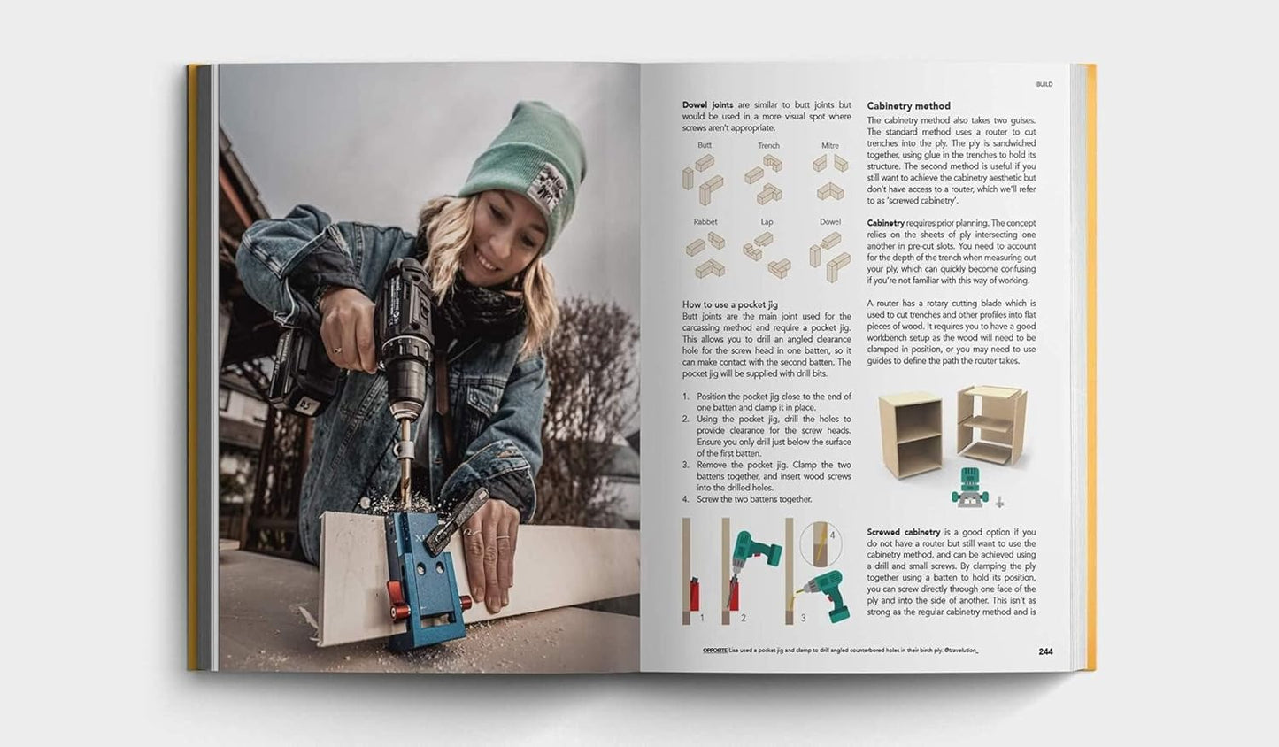 Woman using pocket hole jig to build van life cabinetry with drill, woodworking guide open beside her