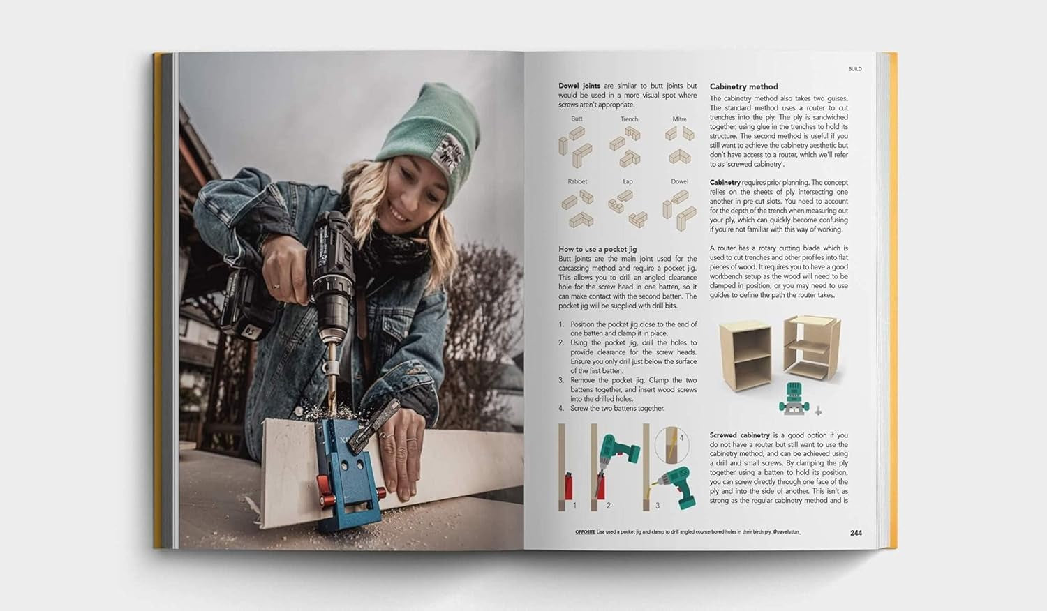 Woman using pocket hole jig to build van life cabinetry with drill, woodworking guide open beside her