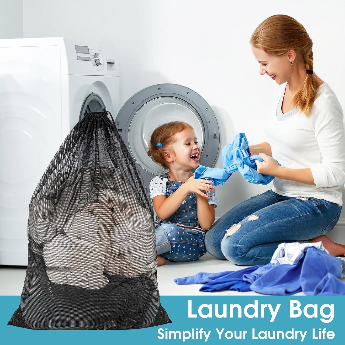 Black mesh laundry bag for van life, washing machine use with mom and child sorting clothes