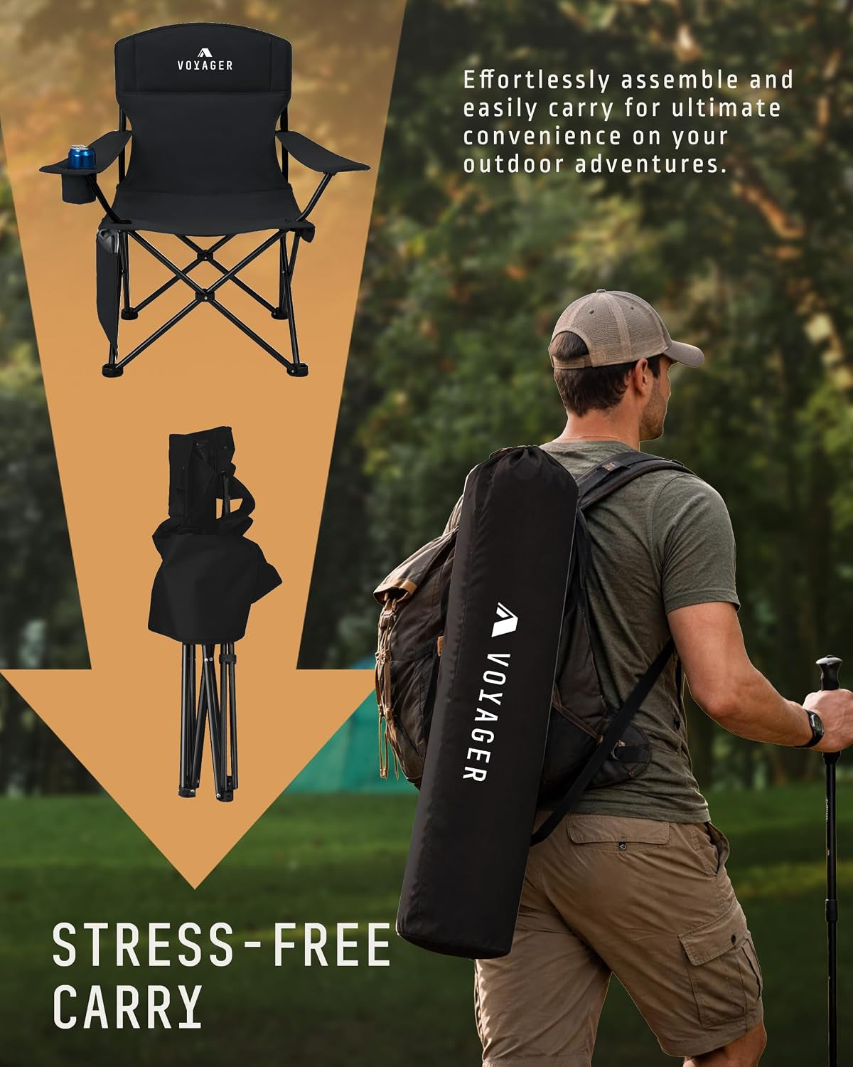 Folding Camping Chair 2-Pack, Lightweight with Pocket and Drinks Holder, Holds up to 120Kg Each, Easy to Transport, Foldable Outdoor Chair Set -Black