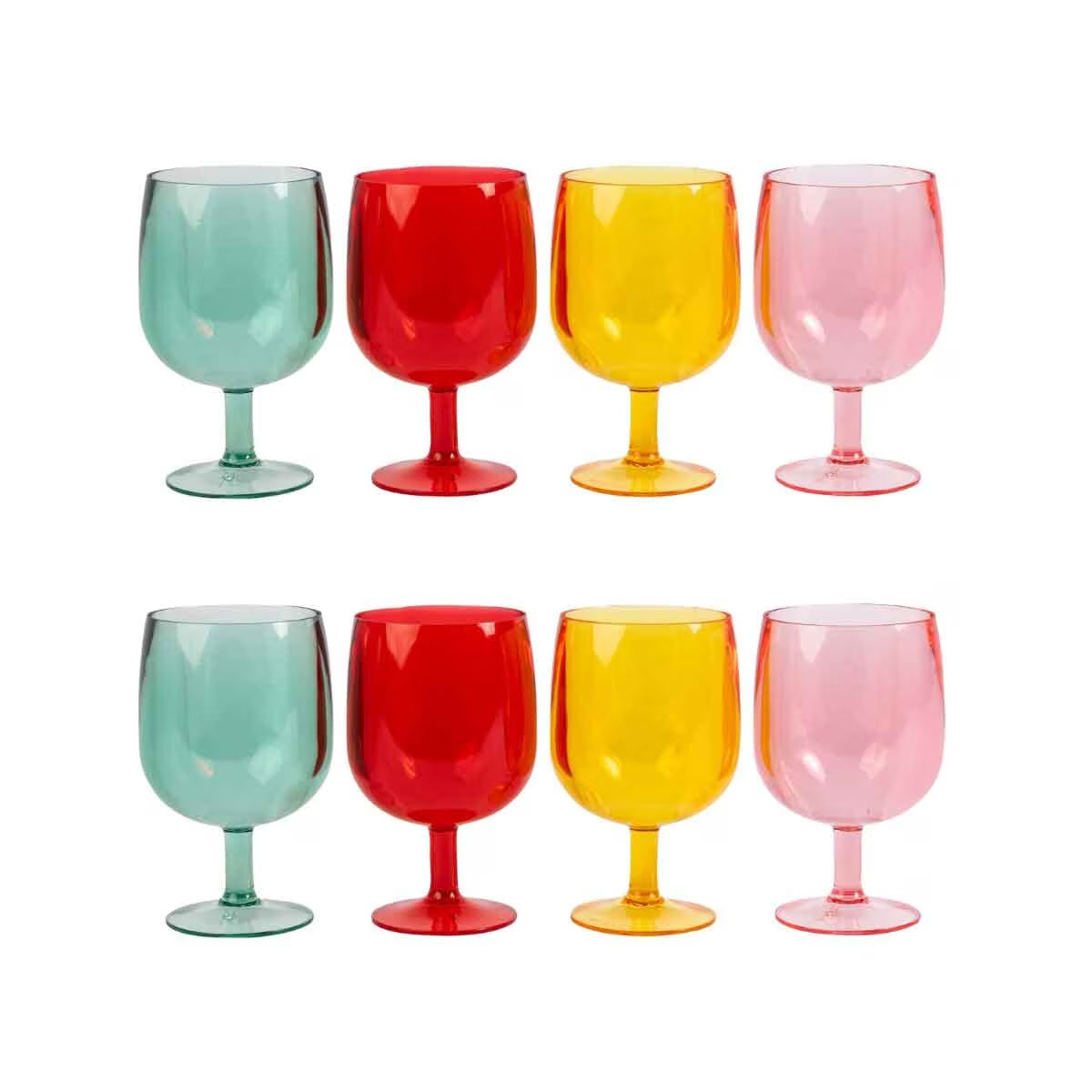 Set of 8 colorful plastic wine glasses in teal, red, yellow, pink — perfect for van life, camping, festivals