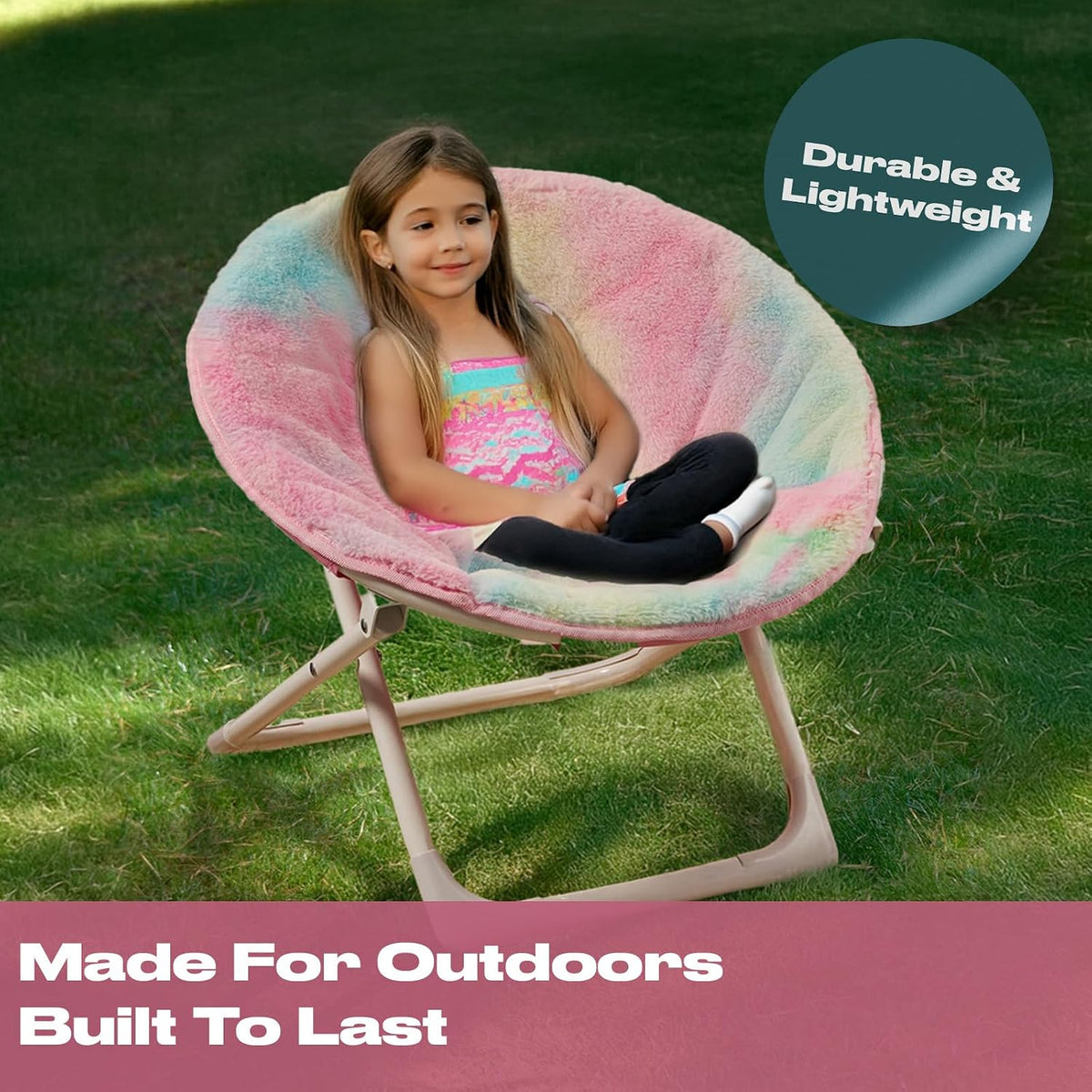 Kids' Tie-Dye Folding Moon Chair – child sitting in the chair outdoors