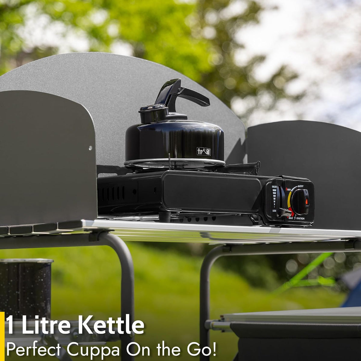Trail 1L Whistling Camping Kettle – Black – kettle on an outdoor camping stove