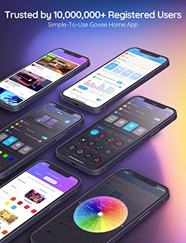 Govee Home App interface on multiple smartphones, showing smart lighting controls and color picker for van life setups