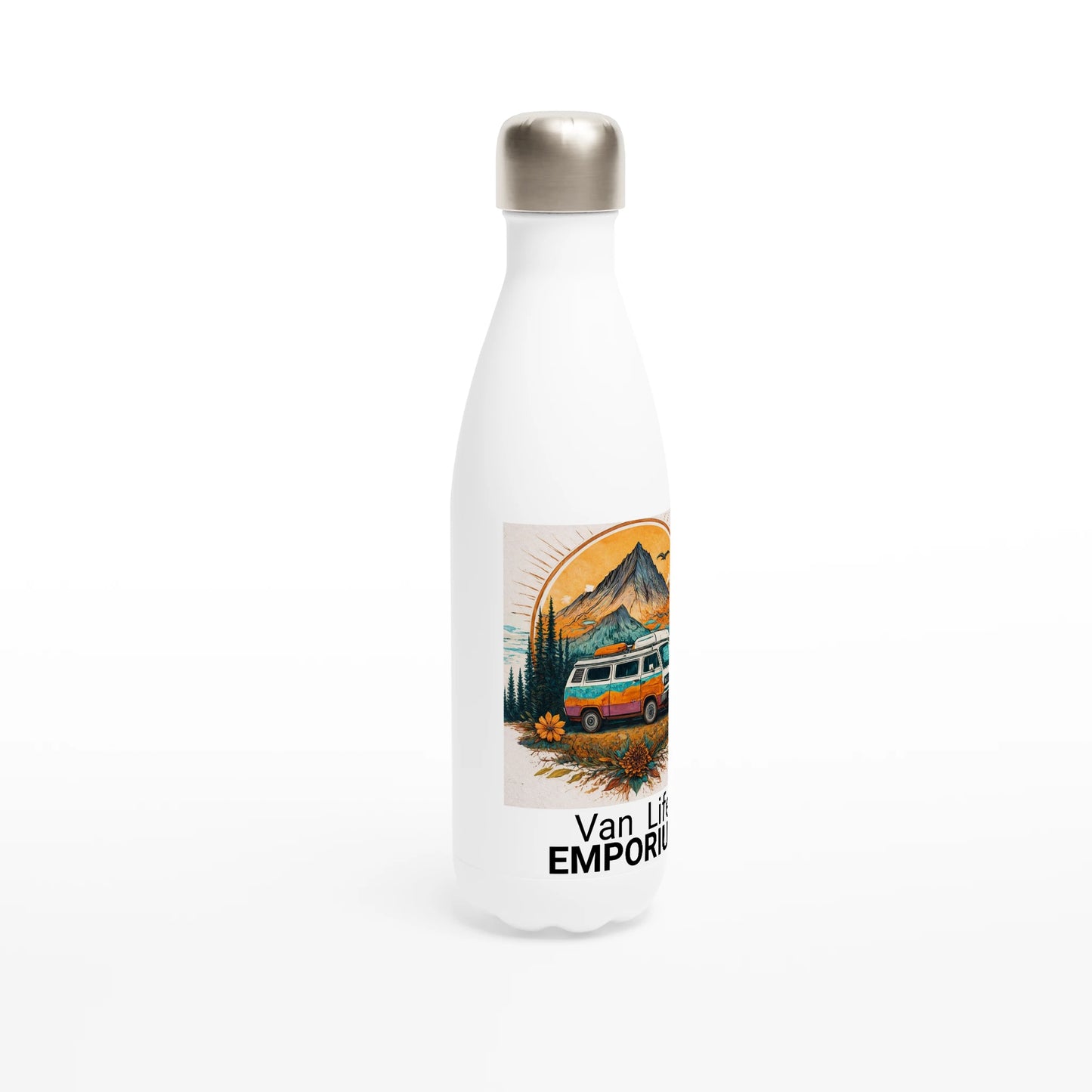 White insulated water bottle with van life mountain sunset design, perfect for campers and adventurers