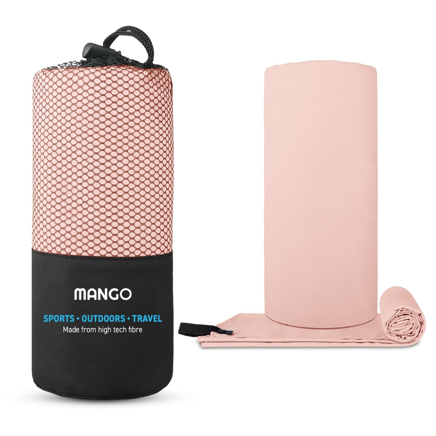 Pink travel towel with mesh carry bag, ideal for van life, outdoor adventures, and festivals