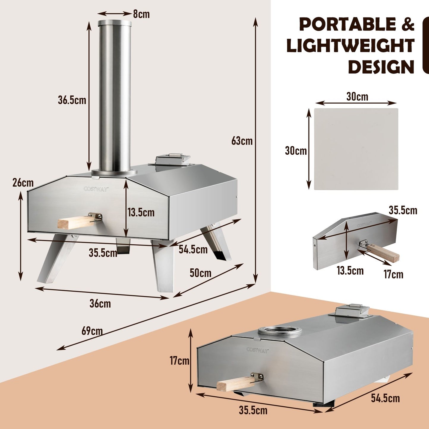 Portable stainless steel pizza oven with chimney, compact design for van life and outdoor adventures