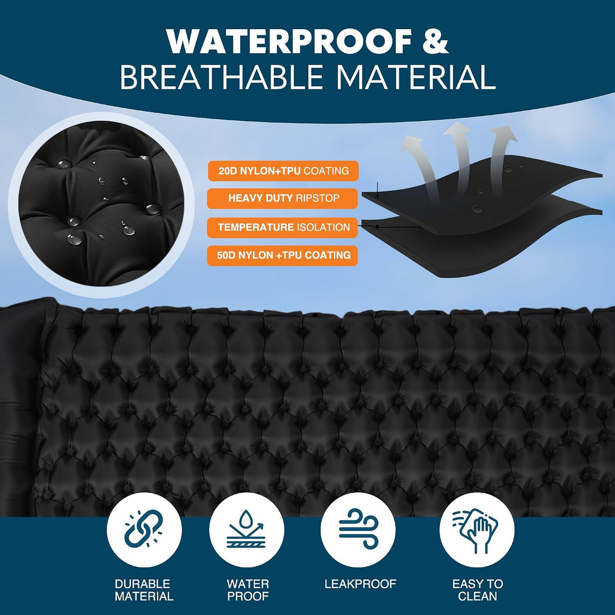 - Double Sleeping Pad - Ergonomic Design - Durable 40D Nylon + TPU - Easy Inflation/Deflation - Compact & Lightweight - Ideal for Camping, Hiking, and Outdoor Adventures - Black