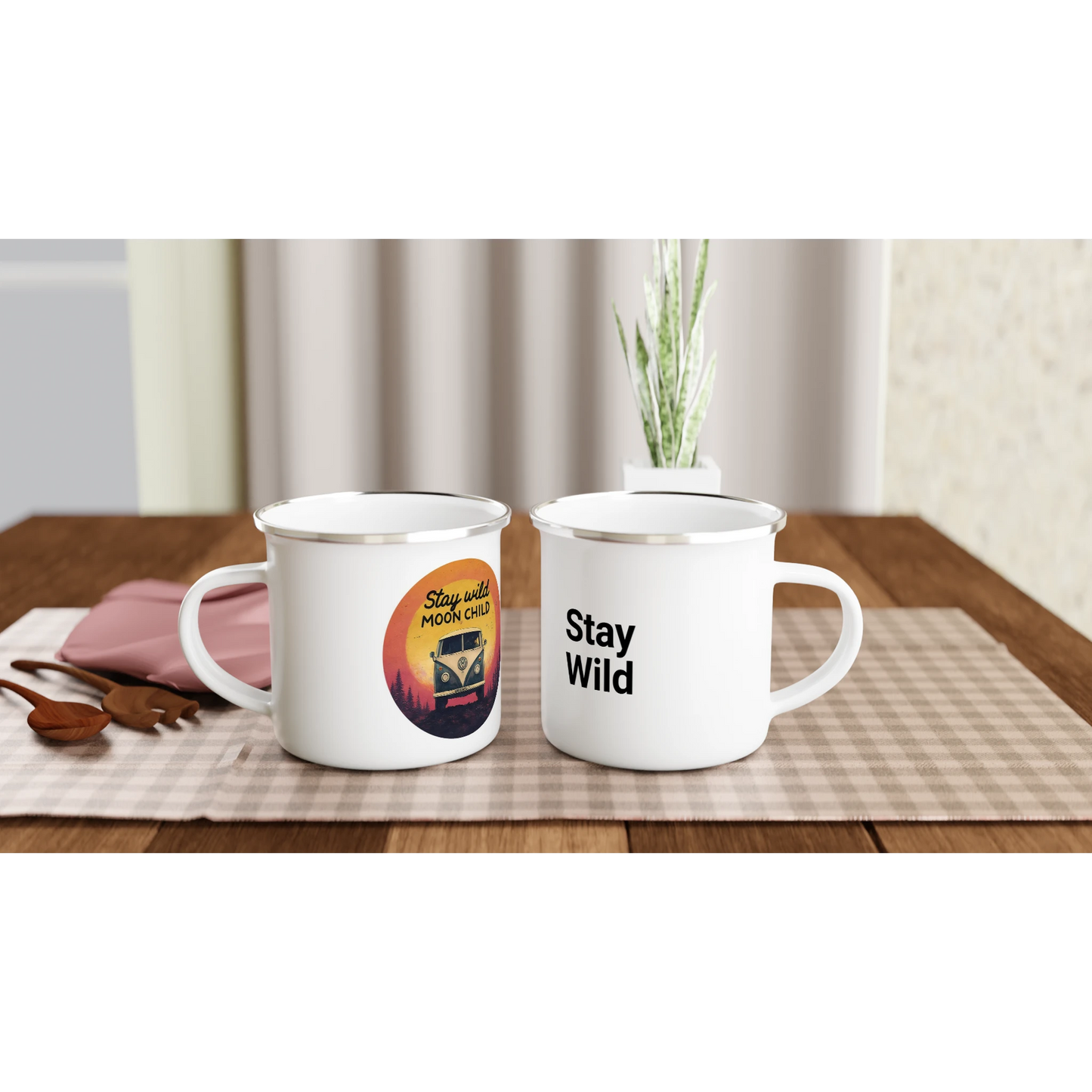 Two white enamel mugs with 'Stay Wild' and van graphic, perfect for van life adventures and outdoor camping.