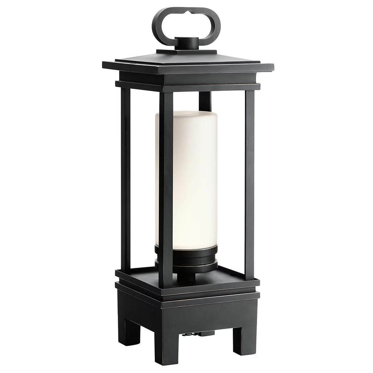 Black outdoor lantern with white candle-style LED light, perfect for van life and camping adventures