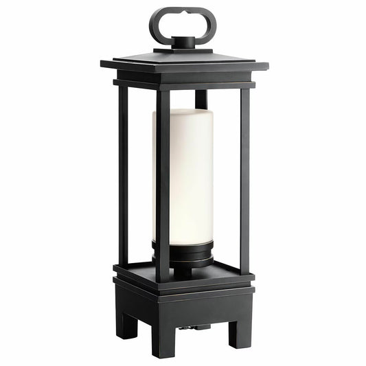 Black outdoor lantern with white candle-style LED light, perfect for van life and camping adventures