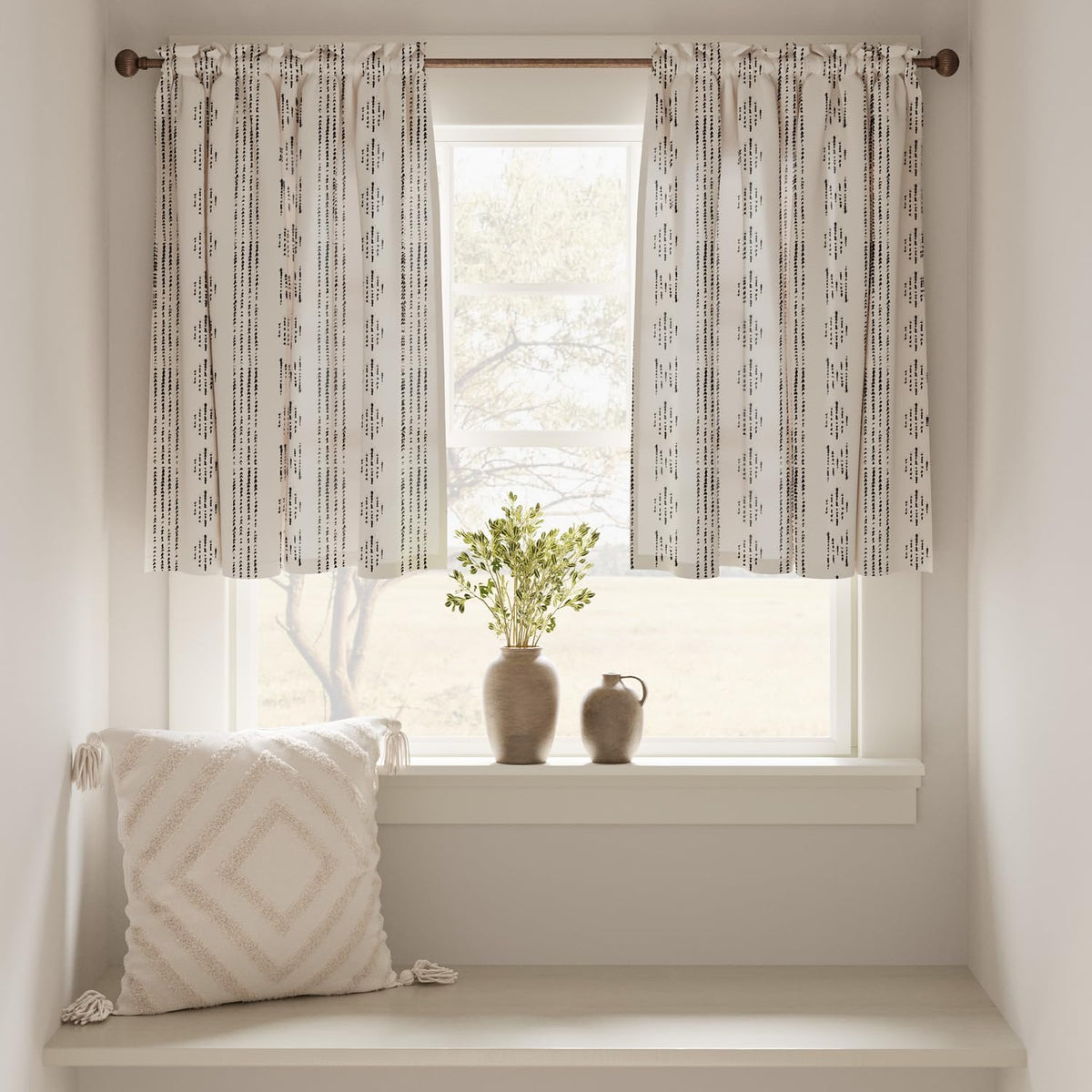 Boho Linen Blend Kitchen Cafe Curtains Black 2 Panels W26 Xl36