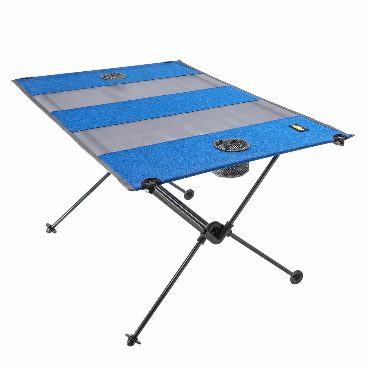 Blue and gray portable camping table with cup holders for van life and outdoor adventures