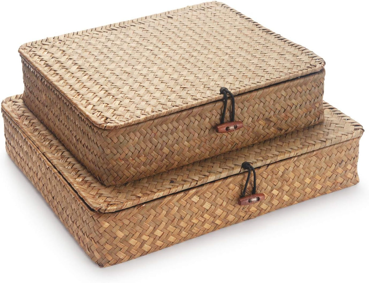 Seagrass Storage Box with Lids Rectangular Organization Wicker Shelf Baskets Natural Woven Stackable Set of 2 (Large+Small)
