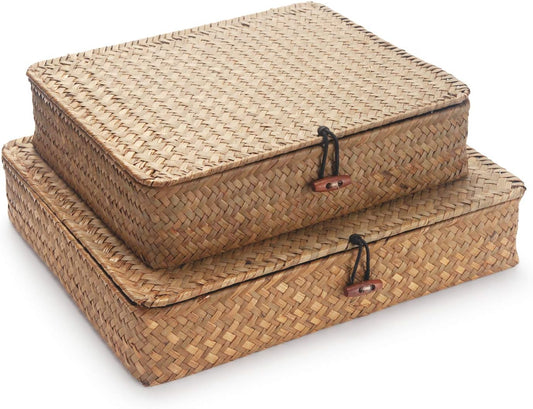 Seagrass Storage Box with Lids Rectangular Organization Wicker Shelf Baskets Natural Woven Stackable Set of 2 (Large+Small)