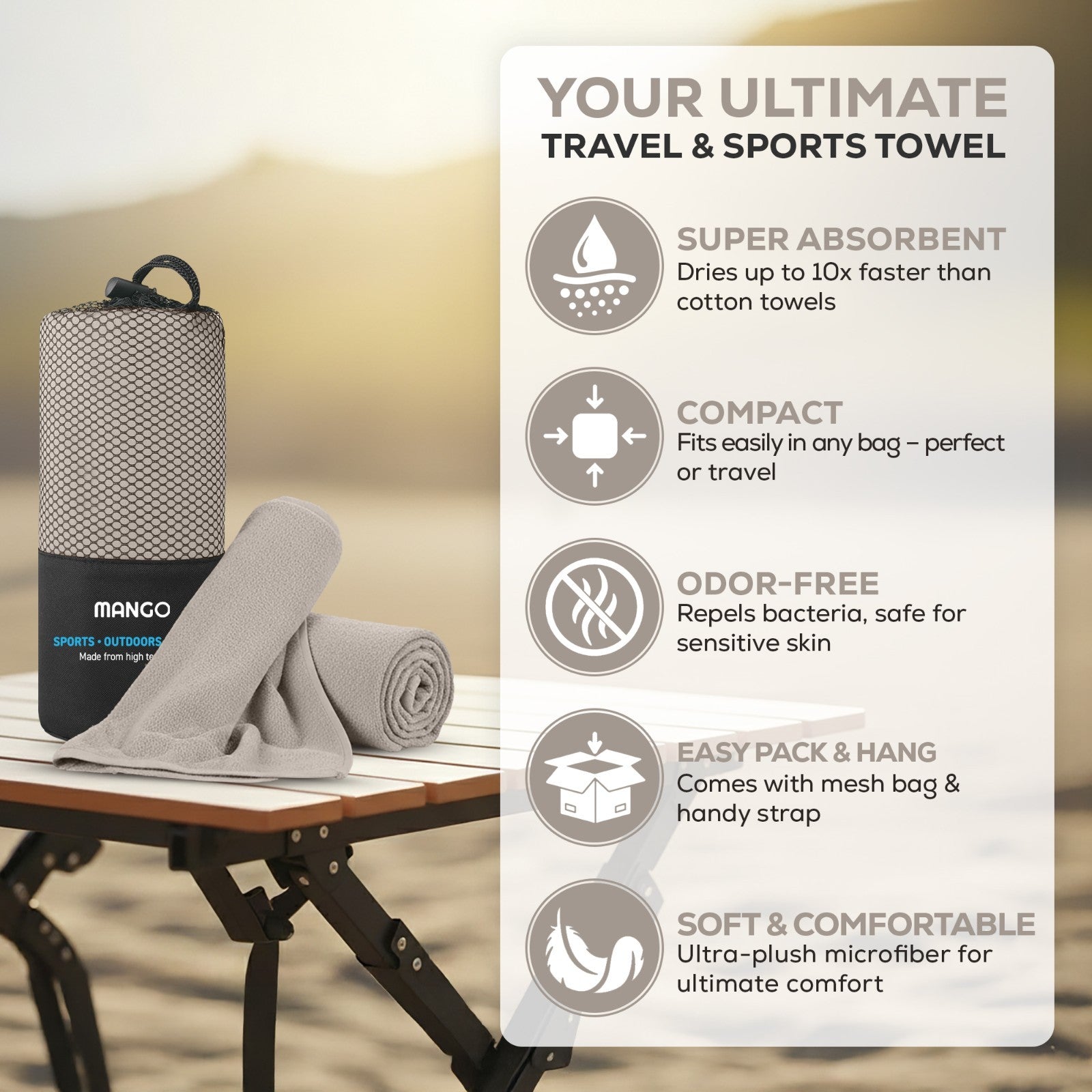 Compact, super absorbent travel towel for van life & outdoor adventures, ultra-soft microfiber, odor-free, easy pack