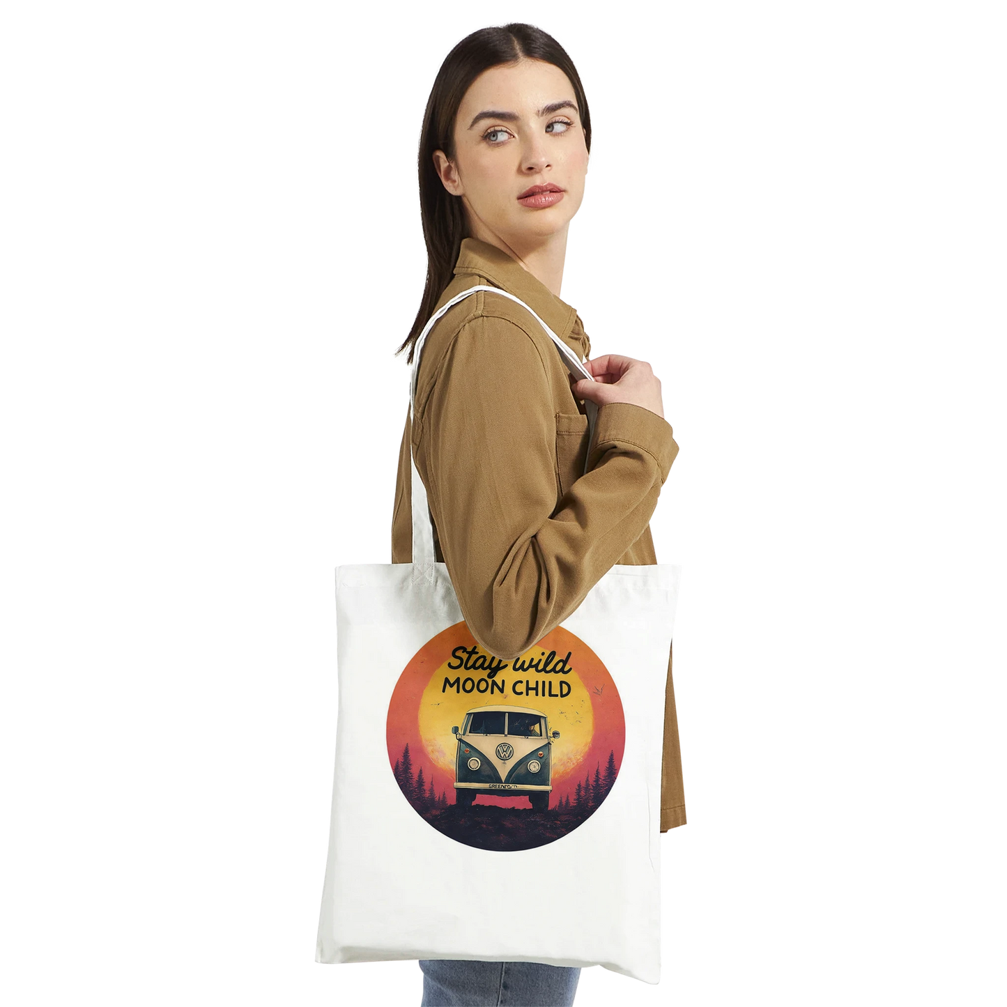 Van life tote bag with 'Stay Wild Moon Child' sunset camper van design, perfect for festival-goers and adventurers.